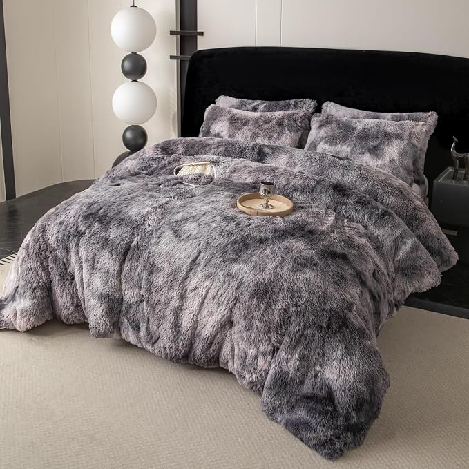 chovy Faux Fur Tie-Dyed Black Gray White Colorful Comforter Sets Queen - 3PC Bed Set Ultra Soft Plush Flannel Velvet Fluffy Fuzzy Bedding（Comforter x 1 Pillowcases x 2）