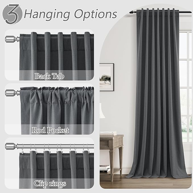 Guken 100% Blackout Curtains 90 Inch Length 2 Panels Set for Living Room Bedroom Back Tab Thermal Insulated Black Out Linen Drapes Room Darkening Blazer Grey,52x90