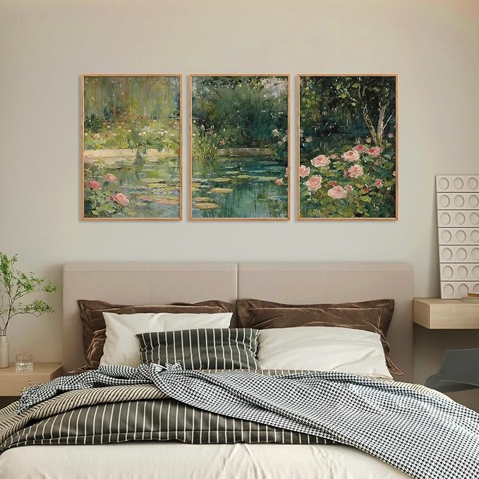 FWIEXA Monet Framed Canvas Wall Art Set, Impressionist Floral Garden Wall Decor, 3 Piece Claude Monet Botanical Artwork, 16x24 Inches Nature Landscape Prints for Living Room, Bedroom