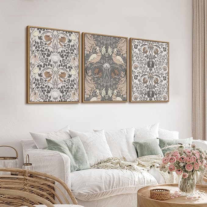 Large Retro Framed Wall Art - Natural Float Framed Vintage Flowers Canvas William Morris Painting Pictures Rustic Floral Pattern Prints Artwork for Living Room Bedroom Office Decor 60" X 28" Set of 3