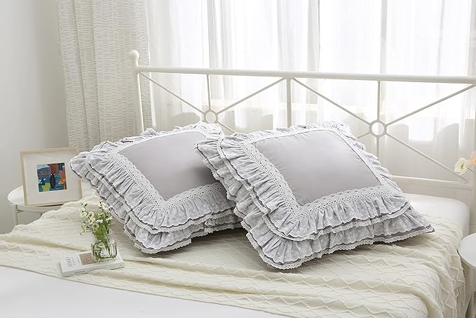 Light Gray Lace Euro Shams Luxury Throw Pillow Covers Cushion Cases with Ruffles Cotton 26"X26" Zipper Closure Elegant 2-Pack