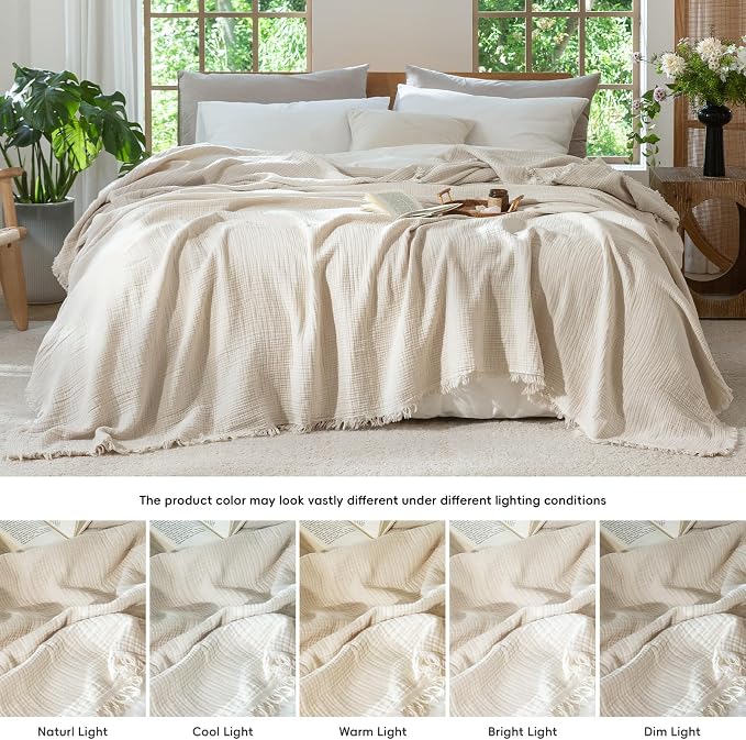 MooMee Muslin Blanket - 100% Cotton 4-Layer Gauze Throw Blanket with All-Around Fringe, Soft Breathable Lightweight Cooling Summer Blankets for Bed Couch (Beige,Throw XL 50" x 70")