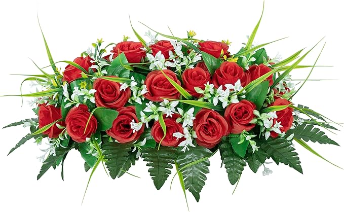 DONODA Cemetery Tombstone Flower Saddle - Outdoor Grave Decorations - Non-Bleed Colors, Rose Combination Flower (red Saddle)