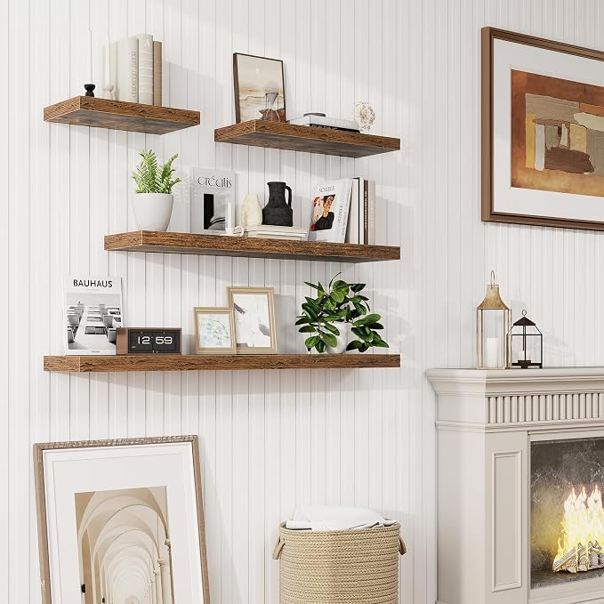 Marsmiles 32in Floating Shelves for Wall, 32" W x 9.25" D x 1.25" H, 2 Pack Long Wall Mounted Engineered Wood Shelves with Invisible Brackets for Living Room, Bedroom, Bathroom, Kitchen, Rustic Brown
