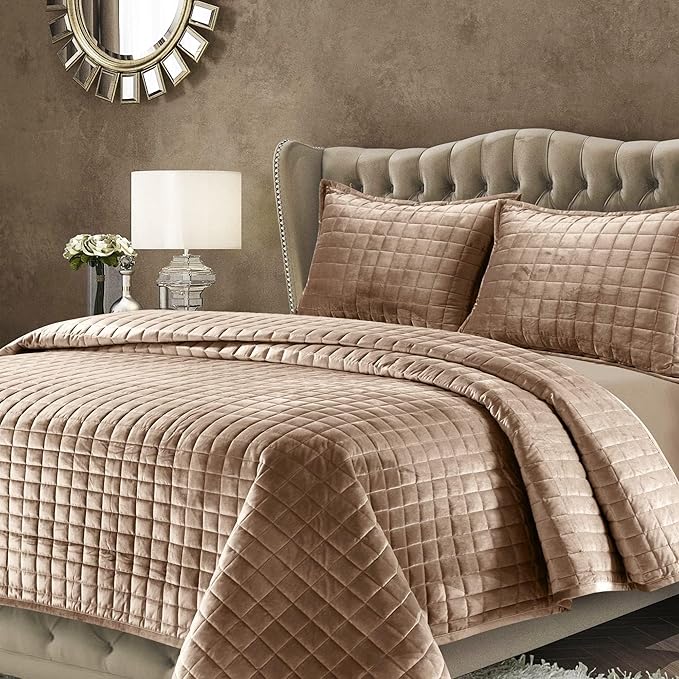 Tribeca Living Luxury Velvet Quilt Twin Size Set - 260GSM Ultra-Soft Oversized Velvet Bedspread Comforter Set with 1 Sham, in Florence Taupe