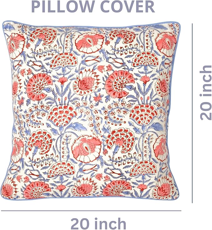 Ridhi Block Print Flamingo Pink Pillow Cover 20" x 20" (Pack of 2) Decorative Couch Pillows for Living Room, Chic Boho Cute Outdoor Pillows Covers Gifts for Spring, Easter and Valentine