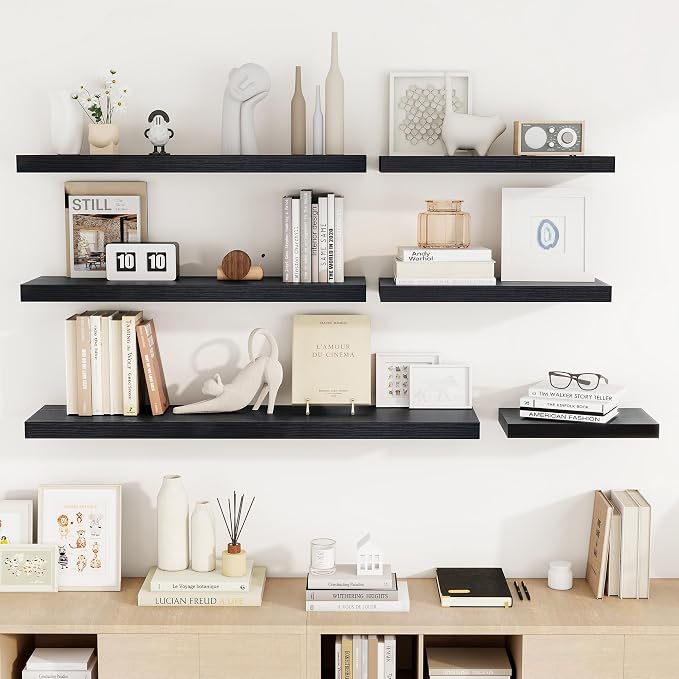 Acovy 36 Inch Floating Shelves, 36"x9.25"x1.5" Inch Deep Floating Shelves for Wall, Wooden Shelves for Bathroom, Bedroom, Living Room, Black, 2 Pieces