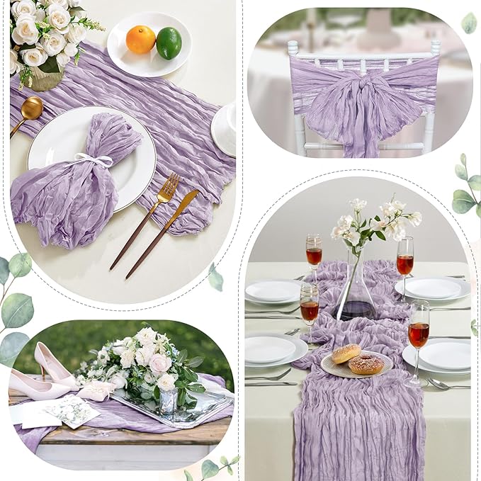 6 Pack Purple Mother’s Day Cheesecloth Table Runner 10FT Long Spring Boho Gauze Table Runner Rustic Sheer Runner for Wedding Bridal Baby Shower Birthday Party Table Decor Home Easter Decorations