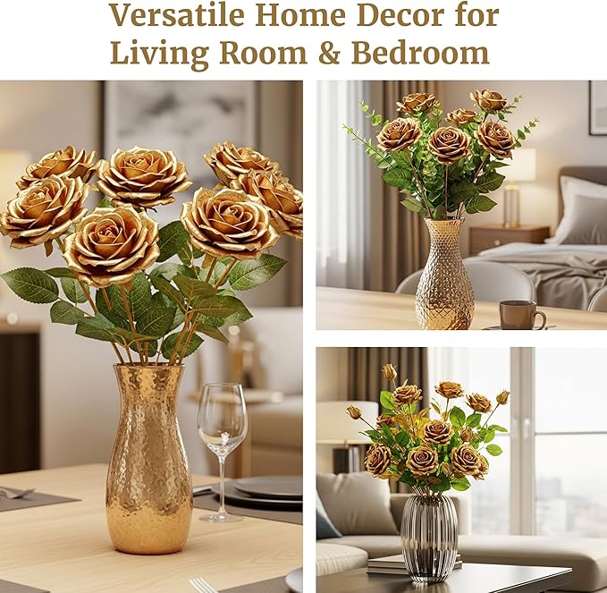 Auihiay 60PCS Gold Rose Artificial Flowers, Faux Silk Roses, Realistic Roses Bouquet for Anniversary, Baby Shower, Birthday, Graduation, Table Centerpieces, New Year's, Valentine's Day Decorations
