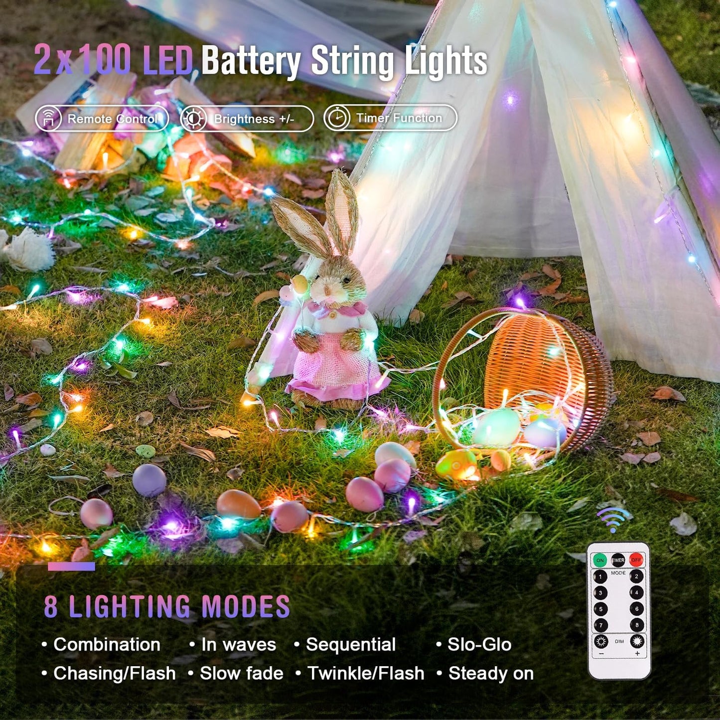 JMEXSUSS 2 Pack Easter Lights Battery Operated Outdoor Indoor, Total 66ft 200 LED Multicolor Easter String Lights for House Porch Yard Garden Tree Decorations