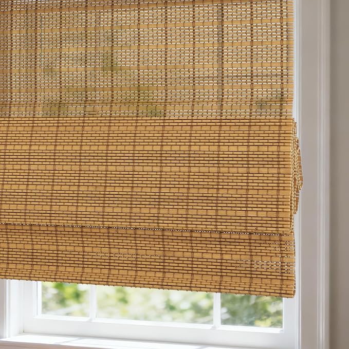 Cordless Bamboo Roman Shades, Woven Wood Roman Blinds, Light Filtering Natural Blinds for Windows, Doors, Thrush Without Liner, 32" W x 48" H