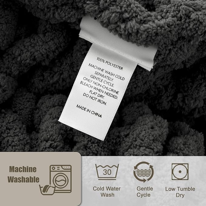 Chunky Knit Throw Blanket 60x80, 100% Handmade Chenille Yarn | 6.7lbs Soft Thick Cable Knitted Blankets, Large Rope Knot Crochet Throws for Couch Sofa Bed Machine Washable, Dark Grey