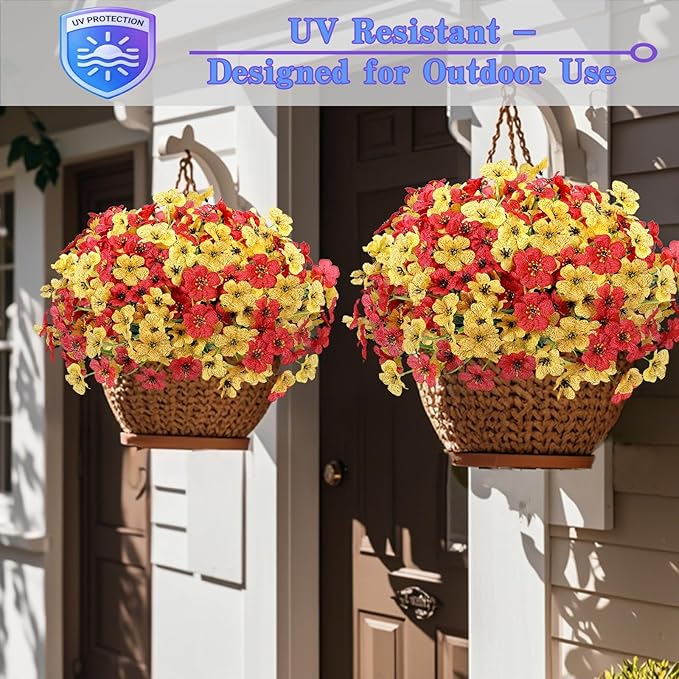 Geegoods Artificial Mums Flowers for Outdoors, 16 Bundles UV Resistant Fake Plastic Red and Yellow Flowers for Patio Porch Spring Summer Decor