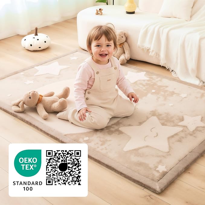 Hakuna Matte CloudRise Baby Play Mat for Floor 60" x 80" Moon & Stars – Coral Velvet Memory Foam Rug for Crawling & Cozy Play – Non-Slip, Water-Resistant, Easy-Care Tummy Time Mat, Playmat for Playpen