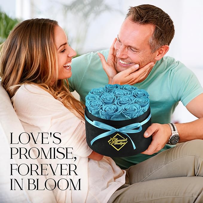 GLAMOUR BOUTIQUE Flowers Forever Gift Box, 12 Real Preserved Roses in Velvet Box, Floral Gift for Her, Mom or Wife for Birthday, Mother’s Day, Anniversary or Graduation, Teal (Color-Treated)
