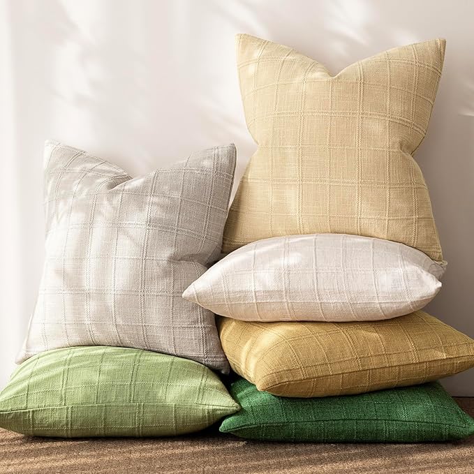 Foindtower Set of 2 Decorative Linen Check Throw Pillow Covers Neutral Farmhouse Vintage Cushion Covers Modern Coastal Boho Home Decor for Sofa Chair Couch Bedroom Living Room,24×24 Inch,Light Grey