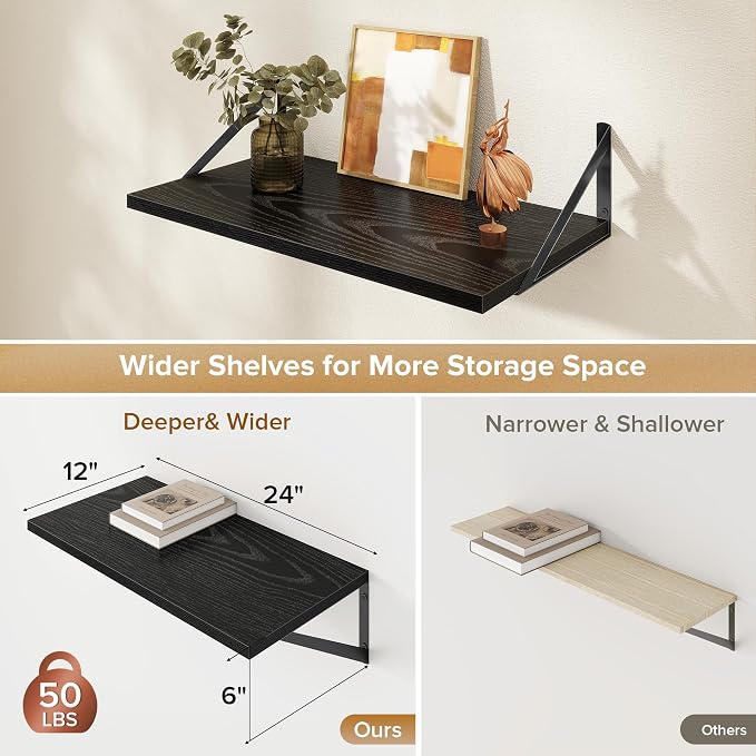 Acovy Deep Floating Shelves Wall Mounted, 24"x12" Black Wall Shelves with Brackets Set of 2 for Bedroom, Living Room, Bathroom, Kitchen, Office - Storage & Display Shelf for Decor, Books, Plants