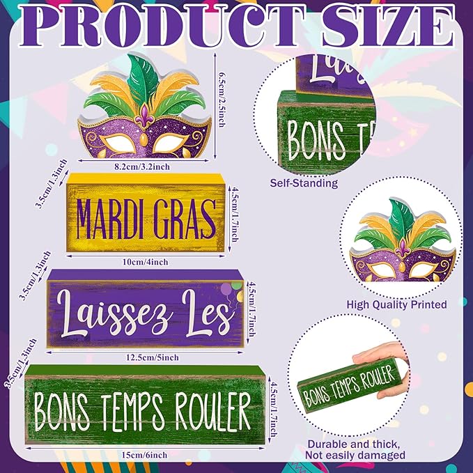 Lineshading 4 Pcs Mardi Gras Table Decorations Wooden Mask Purple Golden Green Carnival Tiered Tray Decor Mardi Gras Centerpieces Decorative Mask Block Signs Gifts for Masquerade Party Home Kitchen