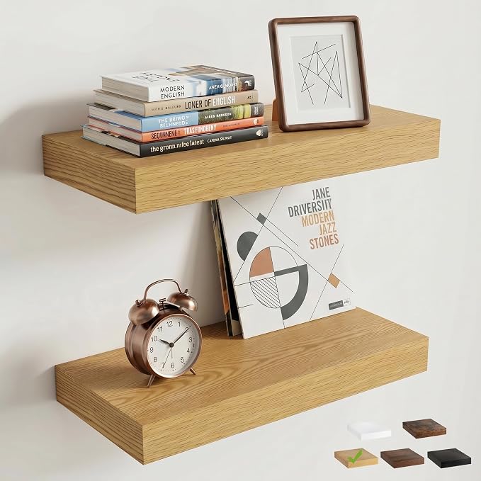 16 Inch Floating Shelves for Wall, 8"D Wood Storage Shelves, Oak Finish | Engineered Wood, Invisible Bracket, Large Storage, Easy Install, Hold Up to 33lbs, Living Room, Bathroom, Bedroom, Kitchen