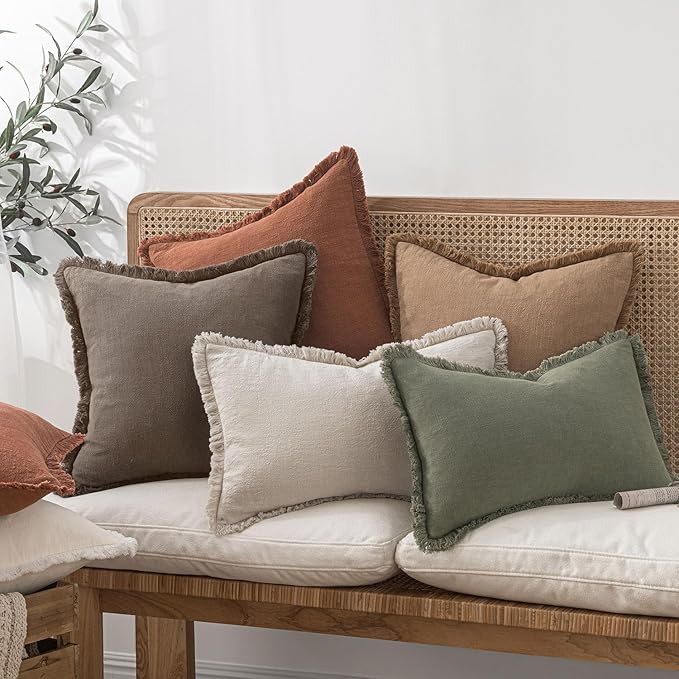 MIULEE Decorative Throw Pillow Covers Neutral Linen Fringe Throw Pillows Set of 2 Natural Coffee Boho Farmhouse Cushion Covers with Tassels for Couch Sofa Bed Living Room Spring Decor 20x20 Inch