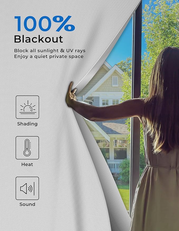 Sumobaby Blackout Curtains for Bedroom 114"x60"Portable Black Out Window Cover with Heat-Resistant Hook&Loop Tape,100%Blackout Shades No Drill Blinds for Windows DIY Cut Fit for Nursery,TV Room(White)
