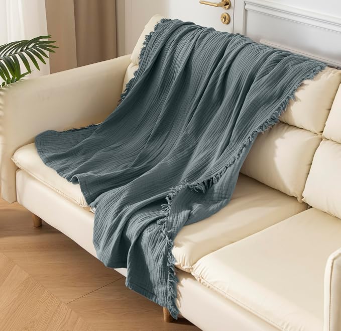 KyraHome 100% Organic Cotton Blanket, 50"x60" Muslin Blankets for Adults, Pre-Wahed Plant Dyed, Breathable Lightweight Gauze Summer Throw Blanket for Couch, (Slate Blue)