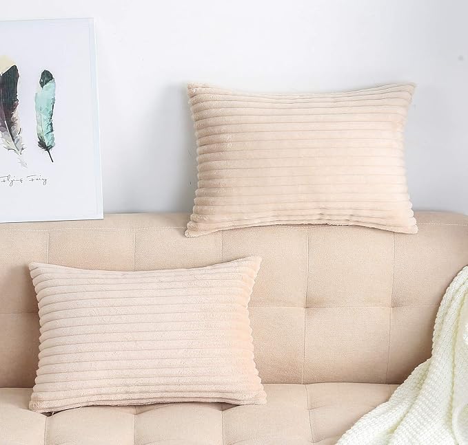 TangDepot Velvet Big Corduroy Pillow Covers 12x20 Beige 2-Pack | Soft wide-stripe corduroy pillow cover, hidden zipper, machine washable, easy refresh, for bedroom living room indoor outdoor