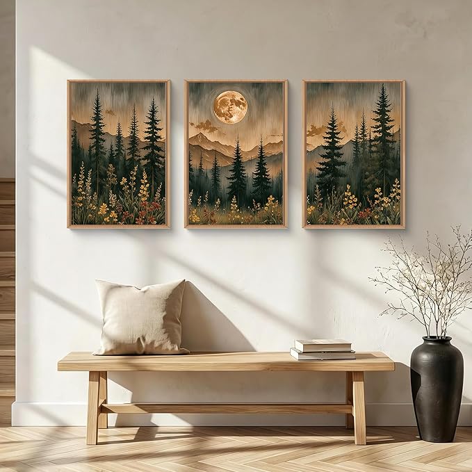 HOURIA Vintage Boho Nature Moonlight Forest Mountain Framed Canvas Wall Art Set,Wilderness Dark Moon Woodland Floral Decor,Retro Wildflower Field Landscape Artwork for Living Room,Farmhouse-24 x36 x3
