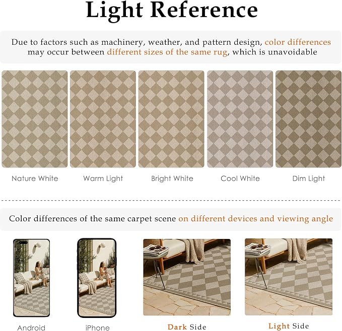 HUGEAR 4x6 Outdoor Rug Brown/Beige Linen-Look Fabric Checkered Area Rug High Traffic Stain Resistant Easy Clean Durable Rugs for Indoor/Outdoor Patio Deck Balcony Porch Garden Courtyard