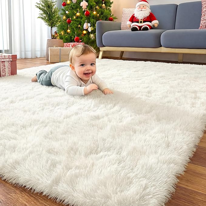 OLANLY 6x10 Machine Washable Large Area Rugs for Living Room, Bedroom, Soft Fluffy Shaggy Bedside Rug, Indoor Floor Carpet for Kids Girls and Boys, Dorms, Nursery, Home Decor Aesthetic, Ivory