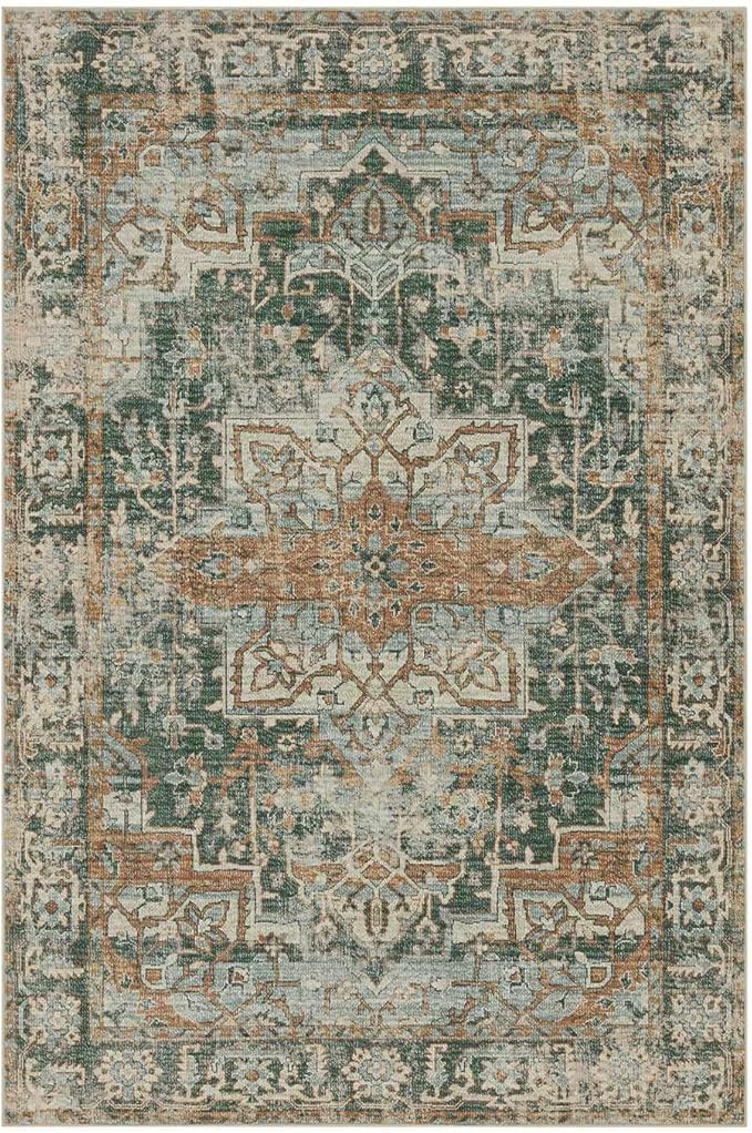 Rugxara 9x12 Area Rug for Living Room Bedroom, Extra Large Washable Rug, Green Vintage Retro Boho Rug, Non Slip & Low Pile Faux Wool Carpet for Indoor Dining Room and Kids Room(Green/Brown 9x12ft)
