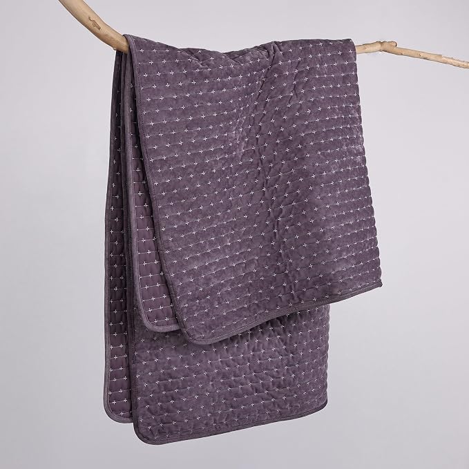 Levtex Home - Velvet Stitch - Throw - Cross Stitch Velvet - Plum with White - Quilt (50x60in.) and Sham 50x60in. - Polyester