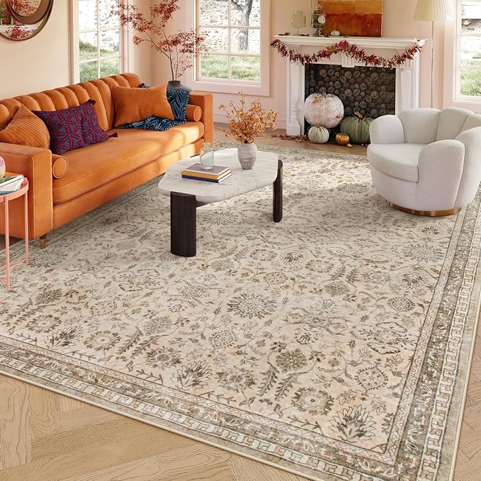 Lahome Tan Beige Area Rug, Distressed Boho 8x10 Rugs for Living Room | Machine Washable Soft Non Slip Room Carpet for Office Apartment Nursery