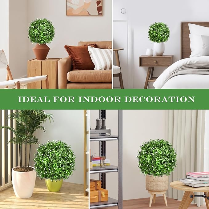 FAJUNZH Artificial Topiary Bushes for Outdoors with Spike, Boxwood Ball Fake Shrubs UV Resistant Faux Plants for Indoor Outdoor Fall Thanksgiving Halloween Decor (Gypsophila Boxwood White-2 Packs)