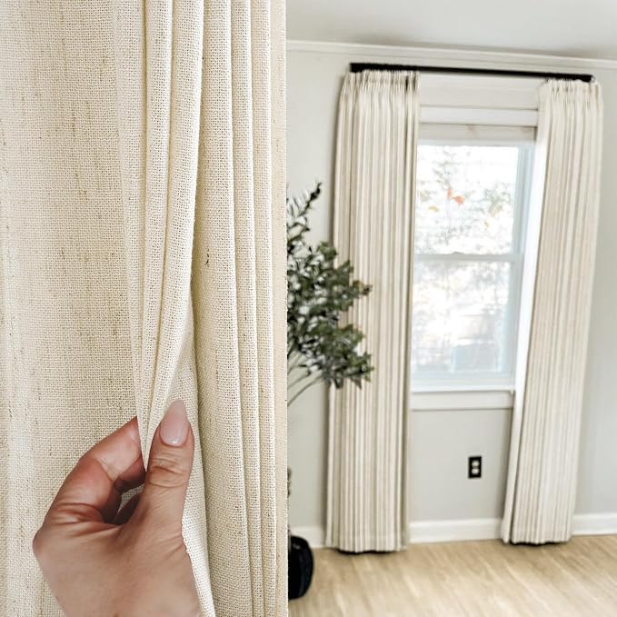 Extra Long Pinch Pleated 108 Inches Long 2 Panels Set for Sliding Glass Door Beige Cream Thick Linen Textured Semi Sheer Curtain Privacy Light Filtering Living Room Bedroom Window Drapes Back Tab