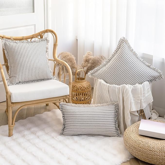 YEENAASY Throw Pillow Covers 18x18 Set of 2 Striped Fringe Pillow Cover Farmhouse Cushion Covers with Tassel Neutral Boho Pillows Decorative Square Pillowcase for Couch Sofa Bed, Black