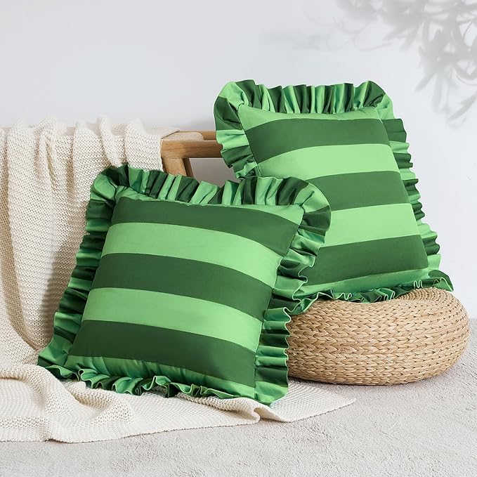 MONDAY MOOSE Decorative Throw Pillow Covers, Set of 2 Water-Resistant Striped Design with Ruffle Edge for Outdoor/Indoor Use, Pillow Inserts Not Included (22x22 inch, Green/Light Green)