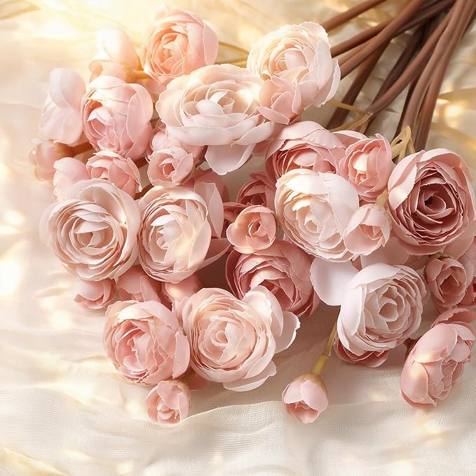 Alupssuc 30Pcs Ranunculus Artificial Flowers Faux Silk Mini Ranunculus, Spring Flowers Artificial Indoor for DIY Bouquets, Bulk Fake Wedding Filler Flowers for Bride Shower Decorations, Dusty Rose