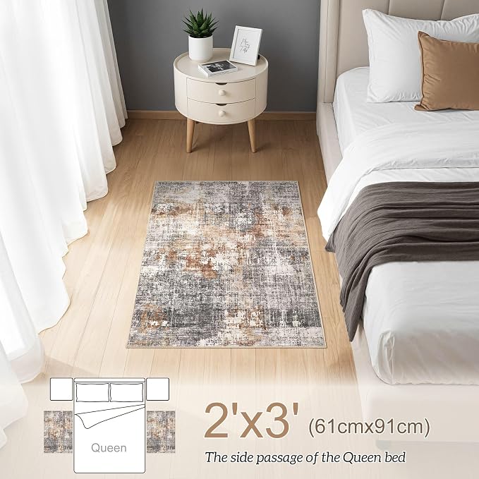 DMOYEST 2x3 Entryway Area Rug: Washable Neutral Modern Abstract Small Rug - Non-Slip Low Pile Throw Indoor Carpet for Entrance Kitchen Front Door Mat Bathroom Entry Kids Room - Grey Brown