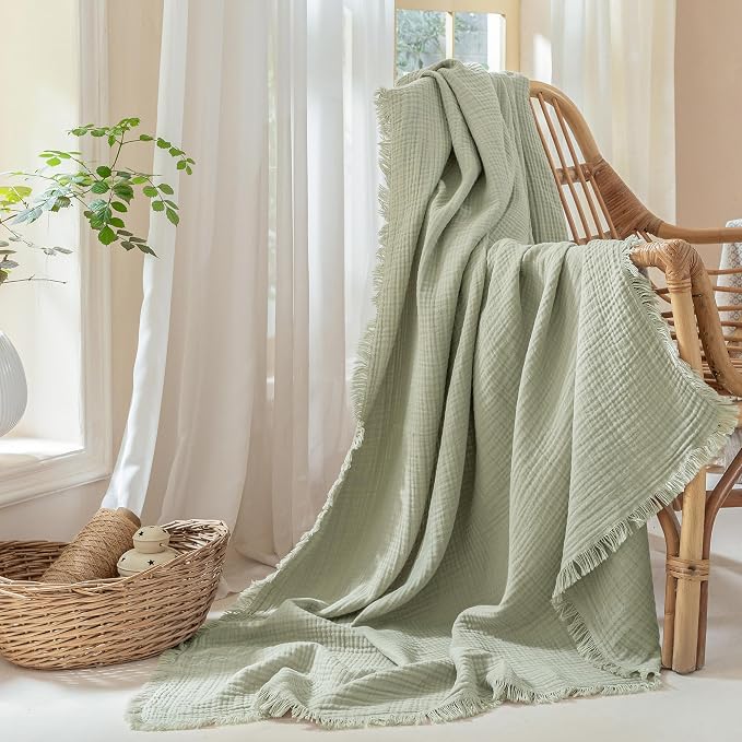 Muslin Fringe Blankets for Adults: 100% Cotton Cloud Soft | 4-Layer Gauze Breathable Lightweight All Season Throw Blanket for Bed Couch Sofa Office