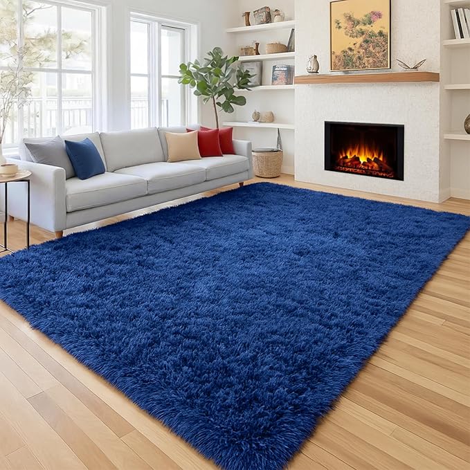 PAGISOFE Navy Blue Rug 5x8 Ft Fluffy Shag Rugs for Living Room Soft Shaggy Large Rugs for Kids Room Carpet Nursery Floor Boys Room Dorm Rug Kid Playroom Navy Area Rug Teen Home Decor