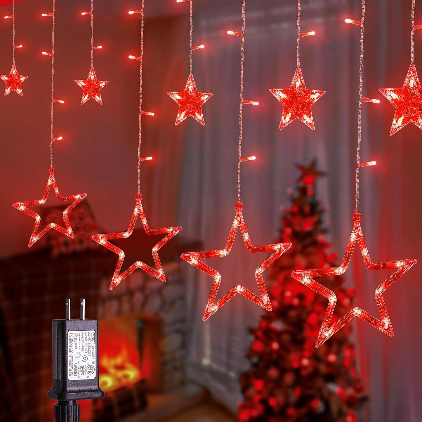 Red Christmas Star Icicle Lights,8.2FT 126LED Curtain String 8 Modes Memory Timer,Connectable Plug in Waterproof for Halloween/Valentine's Day/Patio/Wedding/Party/Xmas Indoor Outdoor Decor,Red