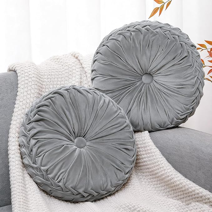 Beeveer 2 Pcs Round Throw Pillows 15 Inch Decorative Velvet Pleated Pumpkin Pillows Boho Floor Pillow with Center Button for Living Room Couch Chair Bed Sofa Home Decoration (Gray)