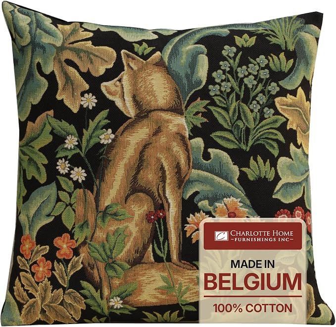 Charlotte Home Furnishings Inc Black Wolf Throw Pillow Covers 18x18, European 100% Cotton Jacquard Woven Fabric, Boho & Vintage Inspired Decorative Cushion for Living Room and Sofa
