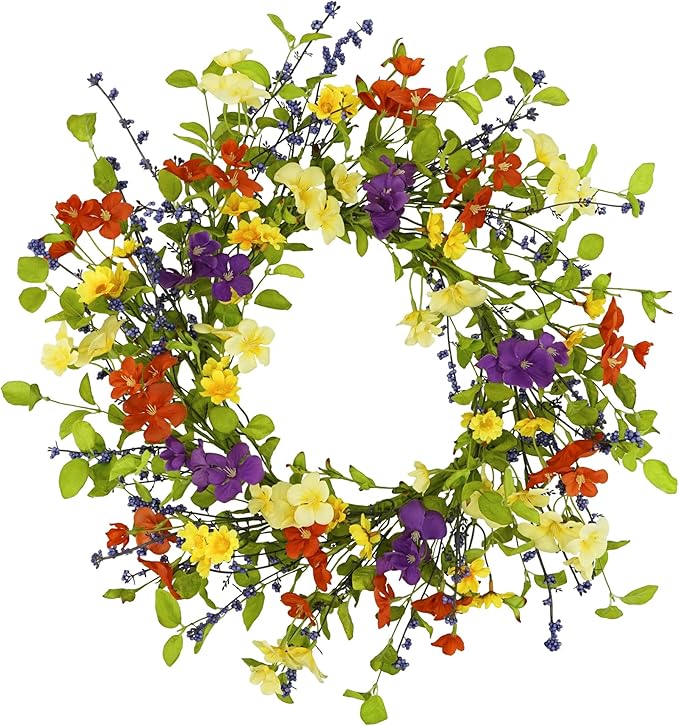 YNYLCHMX 18" Spring Summer Wreaths for Front Door, Artificial Floral Wreath with Colorful Wild Flowers Dicotyledons Berries, Green Foliage Wreath for Wall Window Farmhouse Party Holiday Home Decor