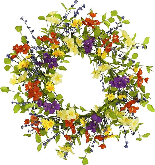 YNYLCHMX 18" Spring Summer Wreaths for Front Door, Artificial Floral Wreath with Colorful Wild Flowers Dicotyledons Berries, Green Foliage Wreath for Wall Window Farmhouse Party Holiday Home Decor