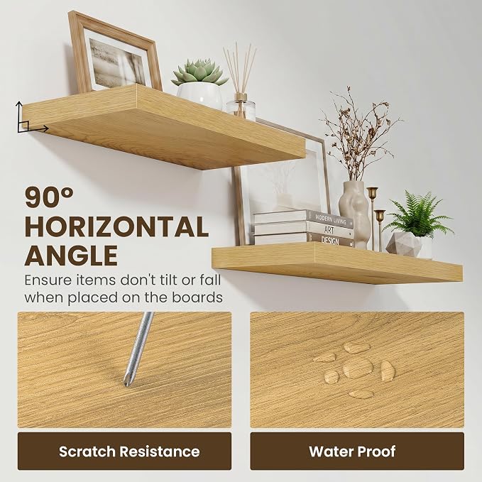 Acovy 24 Inch Floating Shelves for Wall,12" Deep Floating Shelf Set of 2 with Invisible Brackets,Rustic Farmhouse Wall Mounted Shelf for Kitchen,Bathroom,Living Room,Bed Room,Oak