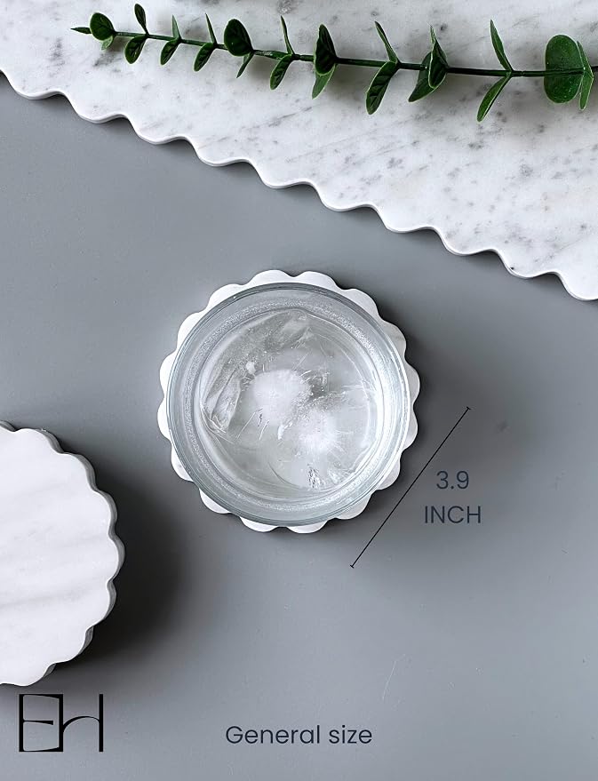 Marble Coasters Set of 4 - Natural Stone Coaster for Drinks, Modern Cup Holders, Bar Coffee Table Desk Decor, Cool Home Decor 4" (Calacatta White, Scalloped Wave)