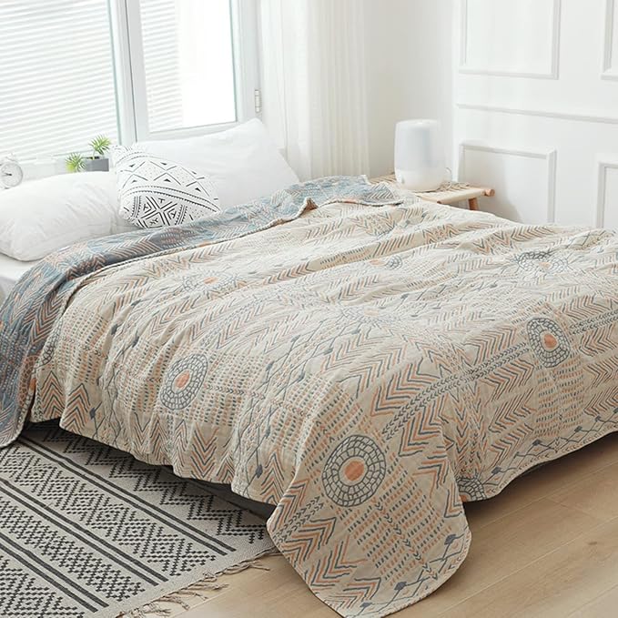 Boho Orange Reversible Throw Blanket – Twin Size 60"x80" Lightweight 4-Layer 100% Cotton Muslin, Geometric Striped Pattern, Washable & Breathable, Soft Comfy for Couch Bed Decor, All Seasons
