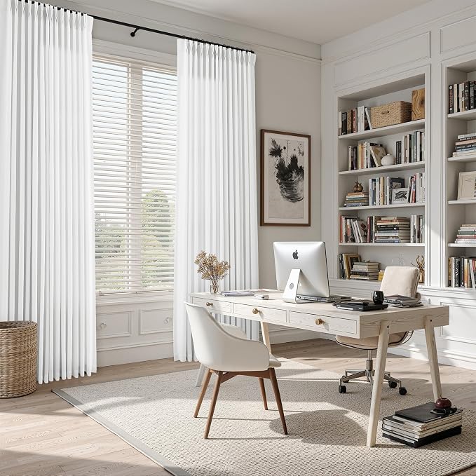Snow White Pinch Pleated Linen Curtains 90 Inches Long Country Elegant Farmhouse Semi Sheer Textured Linen Blended Light Filtering Curtain for Living Room Bedroom Pleated Drapes with Hooks Rings 40x90
